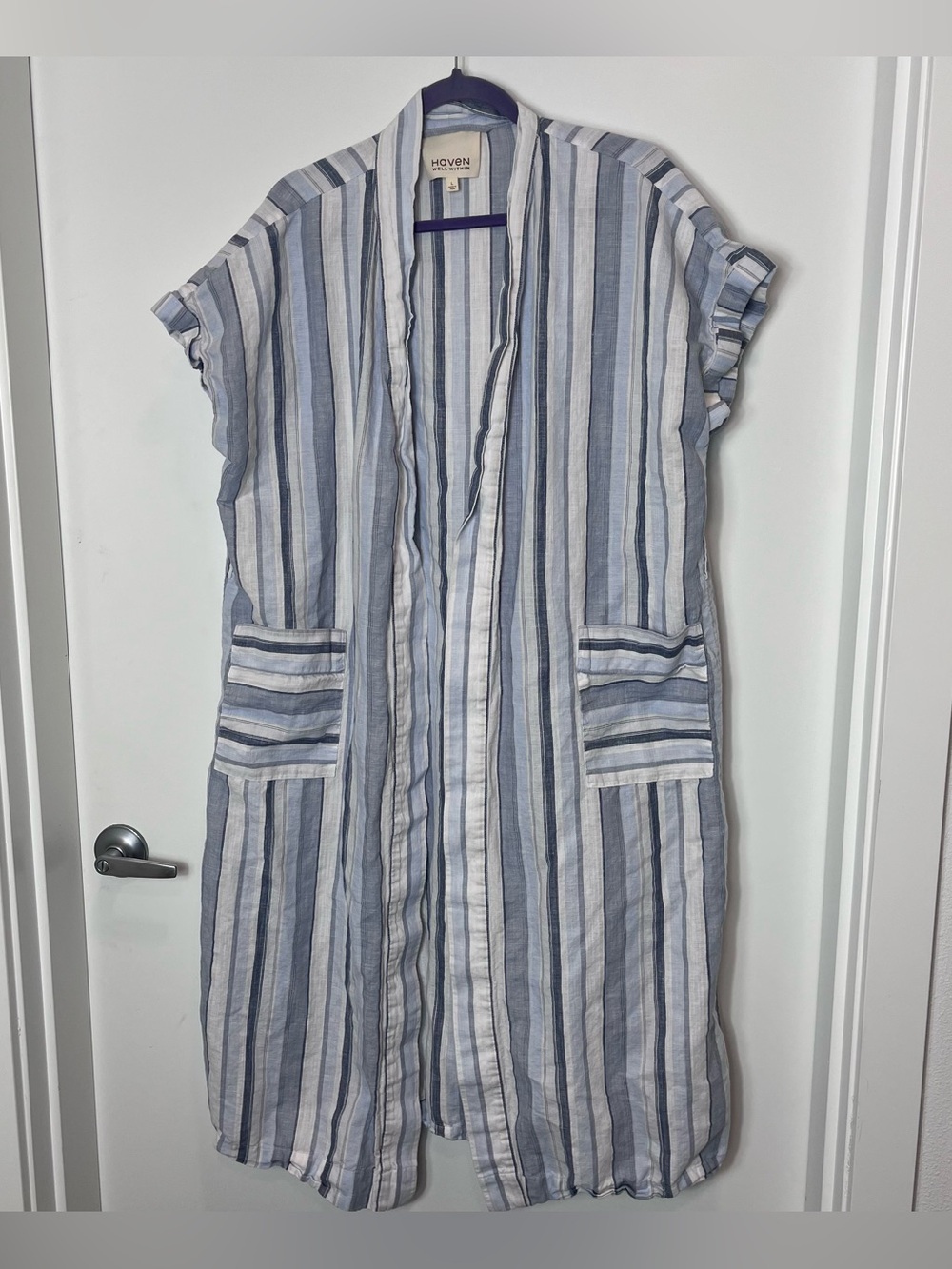 Haven Well Within Organic Cotton Linen Coastal Stripe Robe‎ Duster Large No Belt